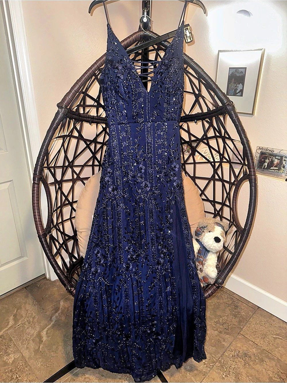 Lili Asher Floral Sequin Maxi Dress Blue Size 11 NWT
